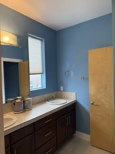 Bathroom with blue walls and dark wood vanity, Elements Painting project on the Colorado Front Range