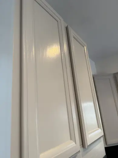 Close-up of light gray painted cabinet end panel, Elements Painting project on the Colorado Front Range