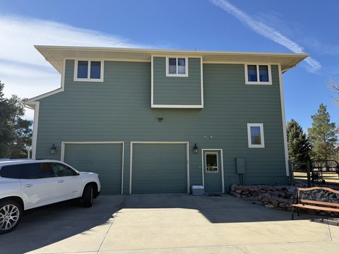 Exterior painting, sage green garage side, two doors, white trim, Elements Painting project on the Colorado Front Range