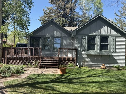 Exterior painting, light gray cottage, green shutters, dark brown stained deck, lawn, Elements Painting project on the Colorado Front Range