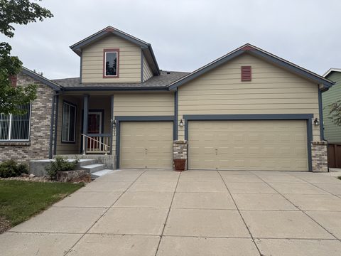 Before painting: Tan home front, blue trim, garage doors, Elements Painting project on the Colorado Front Range
