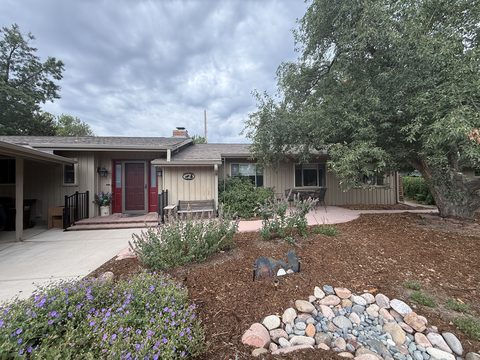 Before painting: Tan ranch front with red door and landscaping, Elements Painting project on the Colorado Front Range