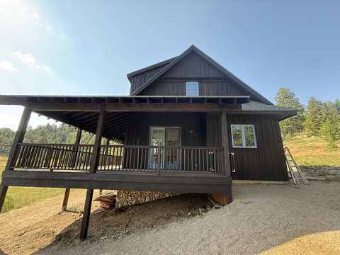 In progress: Dark brown stained cabin with porch, ladder visible, Elements Painting project on the Colorado Front Range