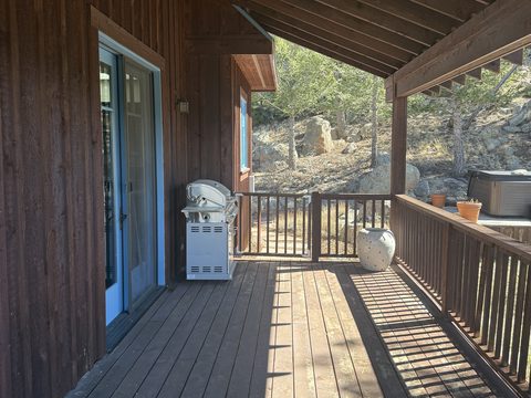 Deck and fence staining, dark brown stained deck with grill and hot tub, blue trim door, Elements Painting project on the Colorado Front Range