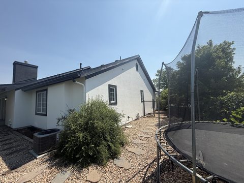 Exterior painting, white stucco side wall, black trim, trampoline in yard, Elements Painting project on the Colorado Front Range