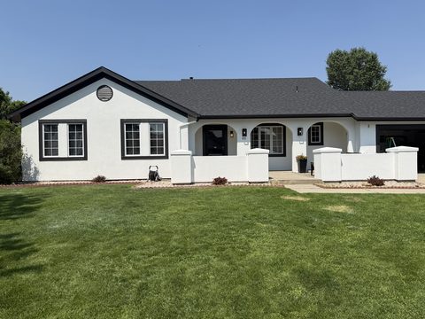 Exterior painting, white stucco ranch, black trim and roof, arched porch, green lawn, Elements Painting project on the Colorado Front Range