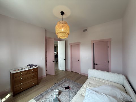 Interior painting, bedroom with blush pink walls, dusty-pink doors and trim, rattan pendant, daybed, Elements Painting project on the Colorado Front Range