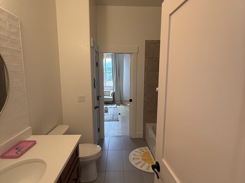 Interior painting, small bathroom, white walls, toilet and vanity, view into bedroom, Elements Painting project on the Colorado Front Range
