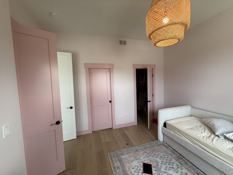 Interior painting, bedroom with blush walls, dusty-pink doors and trim, white closet door, daybed, Elements Painting project on the Colorado Front Range