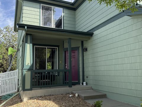 Exterior painting, front porch, sage-green siding, dark green trim, magenta door, Elements Painting project on the Colorado Front Range