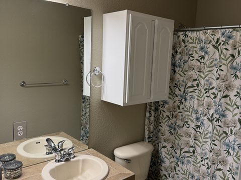 Interior painting, small bath, tan walls, white over-toilet cabinet, floral shower curtain, Elements Painting project on the Colorado Front Range