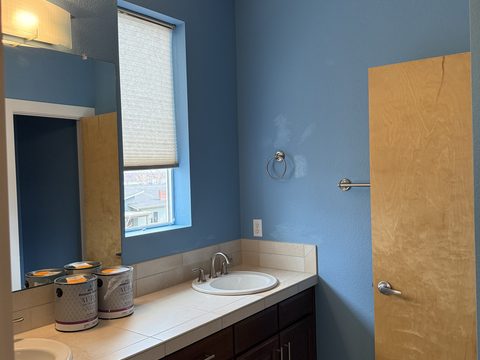 Interior painting, bathroom, medium blue walls, dark wood vanity, natural wood door, Elements Painting project on the Colorado Front Range