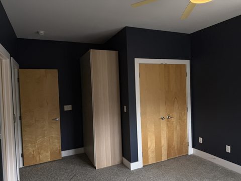 Interior painting, bedroom, navy walls, natural birch doors, white trim, gray carpet, ceiling fan, Elements Painting project on the Colorado Front Range