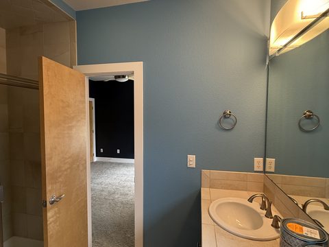 Interior painting, blue-grey bathroom with vanity, door to navy bedroom, Elements Painting project on the Colorado Front Range