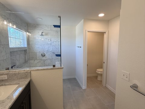 Interior painting, white bathroom, marble shower, dark vanity, Elements Painting project on the Colorado Front Range