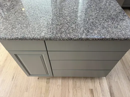 Gray painted island with speckled granite top, Elements Painting project on the Colorado Front Range