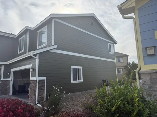 Gray two-story siding with white trim, red shrub, Elements Painting project on the Colorado Front Range