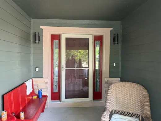 Green siding with red front door and white trim, Elements Painting project on the Colorado Front Range