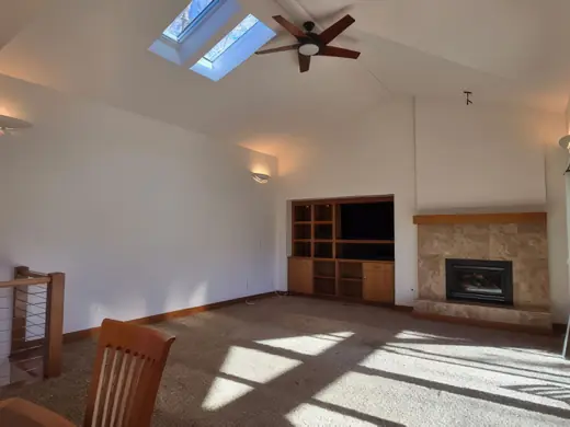 Living room with skylights, built-ins and fireplace, neutral walls, Elements Painting project on the Colorado Front Range