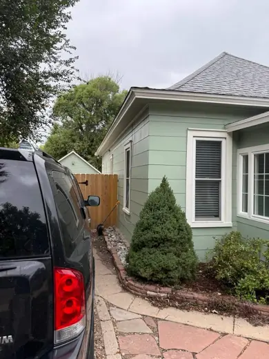 Sage green house siding with white trim, shrubs, Elements Painting project on the Colorado Front Range