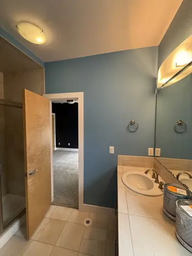 Slate blue painted hallway and bathroom, white doors, Elements Painting project on the Colorado Front Range