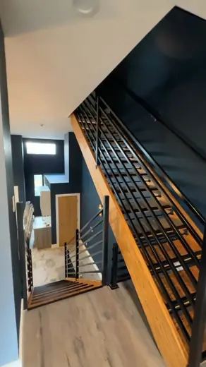 Stairwell with black walls and metal railing, Elements Painting project on the Colorado Front Range